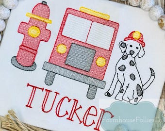 Camiseta de camión de bomberos para niño, socorrista, perro dálmata, trío de héroes, cumpleaños de bombero, cumpleaños de camión de bomberos, camiseta para niño pequeño, aplique de camión de bomberos
