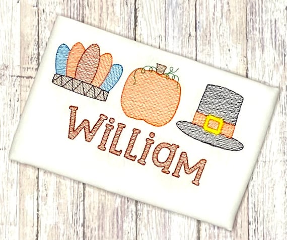 Boys Thanksgiving Shirt, Toddler Fall Sketch Embroidered Outfit, Headdress Pumpkin and Pilgrim Hat Shirt for Kids, Personalized Shirt