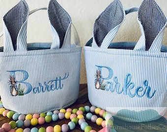 Boys Personalized Easter Basket, Embroidered Bunny Basket, Seersucker Easter Basket, Blue Easter Basket, Embroidered Rabbit Basket
