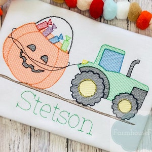 Boys Halloween Shirt, Tractor Shirt, Candy Bucket, Jack O Lantern, Halloween Outfit for Toddler, Tractor Pulling Pumpkin, First Halloween