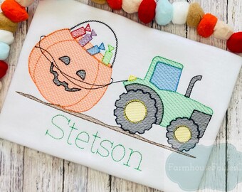 Boys Halloween Shirt, Tractor Shirt, Candy Bucket, Jack O Lantern, Halloween Outfit for Toddler, Tractor Pulling Pumpkin, First Halloween
