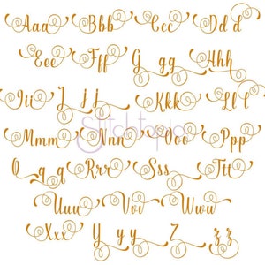 May include: A decorative alphabet with each letter in a gold cursive font with a swirl design. The letters are arranged in rows, with each row containing a different letter of the alphabet.