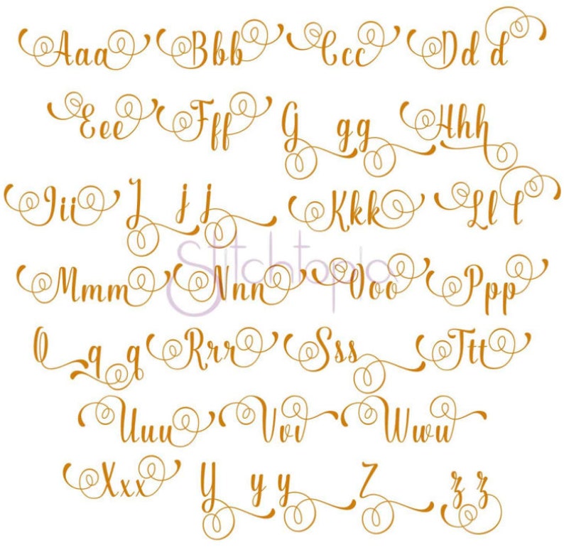 May include: A decorative alphabet with each letter in a gold cursive font with a swirl design. The letters are arranged in rows, with each row containing a different letter of the alphabet.