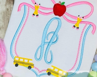 Back To School Monogram Shirt, First Day of School Outfit, Bus and Apple Shirt, Kindergarten Outfit, PreK Shirt, Personalized Embroidered
