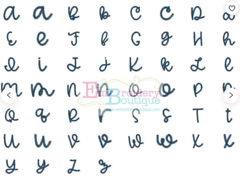 May include: A set of uppercase letters in a handwritten font, embroidered in dark blue thread. The letters are arranged in alphabetical order.