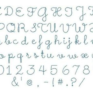 May include: A handwritten alphabet in a cursive font, including uppercase and lowercase letters, numbers, and punctuation marks. The font is a light blue color.