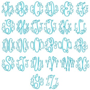 Puede incluir: Un conjunto de 26 letras de monograma azules con una fuente de escritura decorativa. Las letras est&aacute;n dispuestas en orden alfab&eacute;tico.