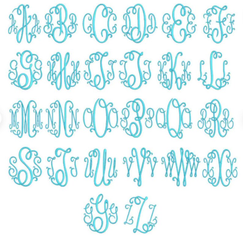 Puede incluir: Un conjunto de 26 letras de monograma azules con una fuente de escritura decorativa. Las letras est&aacute;n dispuestas en orden alfab&eacute;tico.