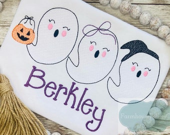 Girls Halloween Shirt, Ghost Trio Shirt, Trick or Treating Ghosts, Halloween Monogram, Halloween Trio, Halloween Embroidery, Custom Shirt