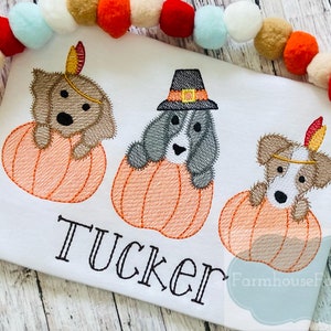 Pode incluir: Uma camiseta branca com três cães bordados usando chapéus de peregrino e adornos de nativos americanos, sentados dentro de abóboras. O texto "TUCKER" está bordado abaixo das abóboras. O texto "Farmhouse Fancies Co." está bordado no canto inferior direito.