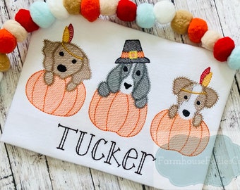Kids Thanksgiving Shirt, Puppy Pumpkin Shirt, Turkey Day Outfit, TGiving for Toddlers, Dog Trio Shirt, First Thanksgiving, Embroidered Shirt