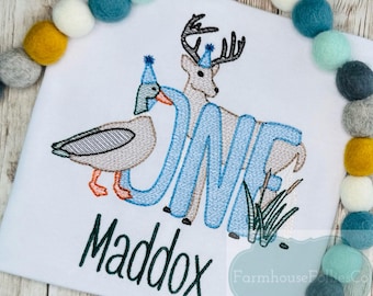 Boys 1st Birthday Shirt, One Lucky Duck, Deer and Mallard Shirt, Duck First Birthday, Hunting Birthday, Embroidered Shirt, Applique Shirt