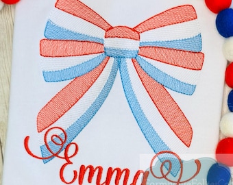 Girls 4th of July Shirt, Red White and Blue Bow, American Flag shirt, USA Shirt, Patriotic Bow, Embroidered Independence Day, Fourth of July