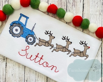 Boys Christmas Tractor Shirt, Reindeer Shirt, Toddler Holiday Outfit, Xmas Deer Shirt, Tractor Shirt for Toddlers, Tree Farm Embroidery