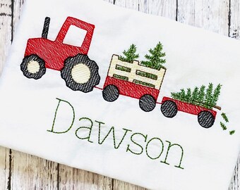 Boys Christmas Tractor Shirt, Christmas Tree Shirt, Toddler Holiday Outfit, Xmas Tree Shirt, Tractor Shirt for Boys, Tree Farm Embroidery
