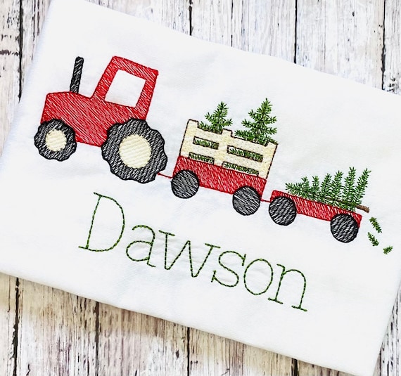 Boys Christmas Tractor Shirt, Christmas Tree Shirt, Toddler Holiday Outfit, Xmas Tree Shirt, Tractor Shirt for Boys, Tree Farm Embroidery