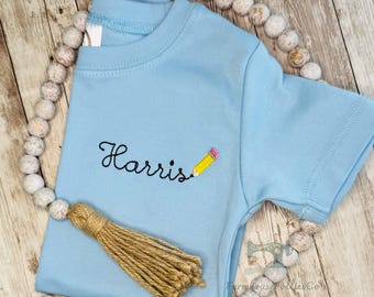 Boys Back to School Shirt, 1st day of Kindergarten, Name and Pencil, Boys Monogram Shirt, PreK Boys Shirt, First Day of School