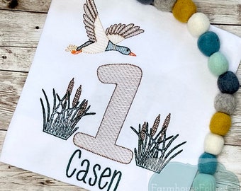 Boys 1st Birthday Shirt, One Lucky Duck, Duck First Birthday, Mallard Birthday, Hunting Birthday, Embroidered Shirt, Applique Shirt