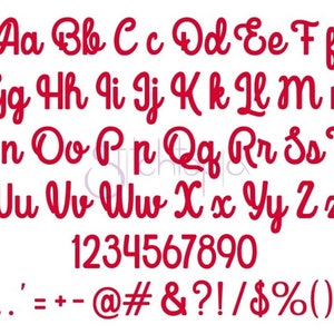 May include: Red font alphabet with uppercase and lowercase letters, numbers 1 through 9 and 0, and punctuation marks including comma, period, apostrophe, equals sign, plus sign, minus sign, at symbol, number sign, ampersand, question mark, exclamation point, forward slash, dollar sign, percent sign, and parentheses.