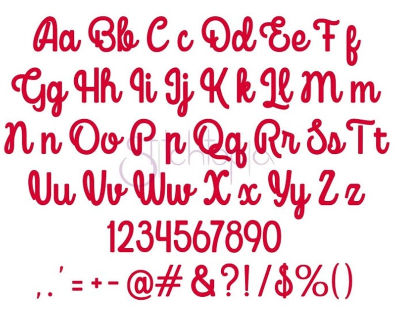 May include: Red font alphabet with uppercase and lowercase letters, numbers 1 through 9 and 0, and punctuation marks including comma, period, apostrophe, equals sign, plus sign, minus sign, at symbol, number sign, ampersand, question mark, exclamation point, forward slash, dollar sign, percent sign, and parentheses.