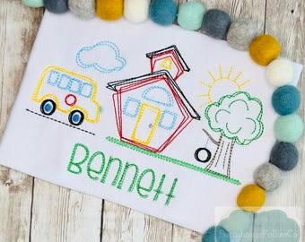 Boys Back to School Shirt, First Day, Bus and Schoolhouse, School Outfit, Embroidered School Shirt, First Day of School, Kindergarten Shirt