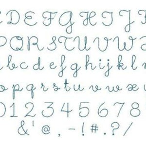 May include: A handwritten alphabet in a cursive font, including uppercase and lowercase letters, numbers, and punctuation marks. The font is a light blue color.