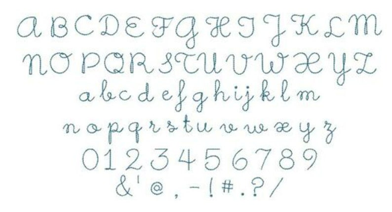 May include: A handwritten alphabet in a cursive font, including uppercase and lowercase letters, numbers, and punctuation marks. The font is a light blue color.