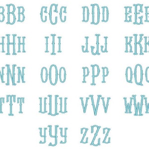 May include: A chart of the alphabet in uppercase letters, with each letter repeated three times. The letters are in a light blue color and have a decorative, stylized font.