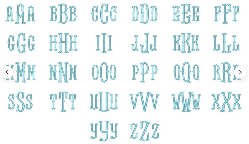 May include: A chart of the alphabet in uppercase letters, with each letter repeated three times. The letters are in a light blue color and have a decorative, stylized font.