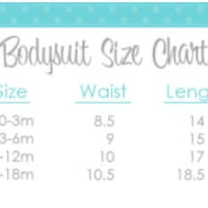 Puede incluir: Una tabla de tallas para bodies de beb&eacute; con medidas en pulgadas. La tabla muestra la talla, la cintura y la longitud de los bodies. Las tallas son 0-3m, 3-6m, 6-12m y 12-18m.