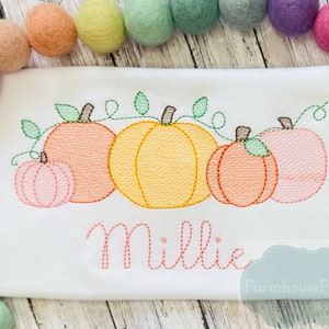 May include: A white onesie with an embroidered design of five pumpkins in a row with green vines. The pumpkins are orange, yellow, and pink. The name "Millie" is embroidered below the pumpkins in pink thread. The text "Farmhouse Follies" is embroidered in the bottom right corner.