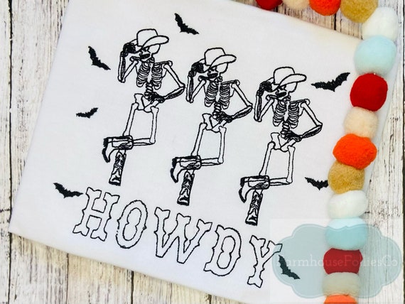 Kids Halloween Shirt, Howdy Skeleton Shirt, Cowboy Skeletons, First Halloween, Spooky Shirt, Skeletons and Bats, Embroidered Toddler Shirt