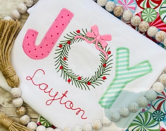 Girls Christmas Joy Shirt, Christmas Outfit, Applique Christmas Shirt, Monogrammed Personalized Shirt, Pink Christmas, Embroidered Shirt