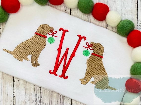 Kids Christmas Monogram Shirt, Dog Shirt for Toddlers, First Christmas, Holiday Shirt for Kids, Puppy Dog with Ornament, Embroidered Shirt