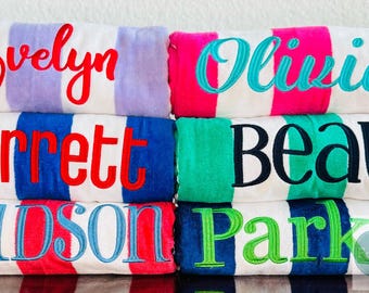 Personalized Beach Towel, Swim Towel for Kids, Summer Gift, Pool Party, Striped Beach Towel, Monogrammed Towel, Embroidered Towel