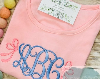 Girls Monogram Shirt, Pink and Blue Shirt for Toddlers, Monogram with Bows, Simple Monogram, Embroidered Name Shirt
