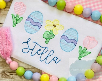 Girls Easter Egg Shirt, Pastel Easter Shirt, Personalized Easter Outfit for Toddlers, Sketch Embroidery Shirt, First Easter for Baby