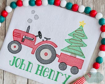 Boys Christmas Tractor Shirt, Personalized Embroidered Shirt with Tree, Custom Holiday Outfit for Kids, Toddler, Baby, Farm Themed Gift