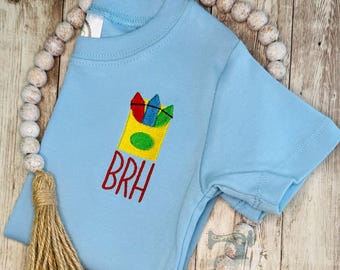 Boys Back to School Shirt, 1st day of Kindergarten, Box of Crayons, Boys Monogram Shirt, PreK Boys Shirt, First Day of School