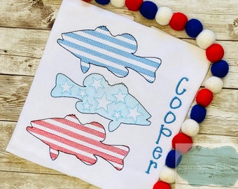 Camisa para niños del 4 de julio, pez patriótico, pez azul blanco rojo, pez lubina, niño pequeño del 4 de julio, camiseta del Día de la Independencia, Día de los Caídos