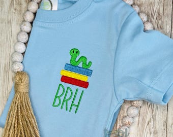 Boys Back to School Shirt, 1st day of Kindergarten, Bookworm and Books, Boys Monogram Shirt, PreK Boys Shirt, First Day of School