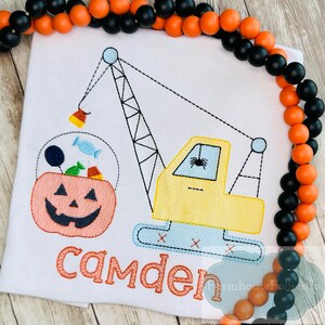 Boys Halloween Shirt, Excavator Shirt, Candy Bucket, Jack O Lantern, Halloween Outfit for Toddler, Tractor Pulling Pumpkin, First Halloween
