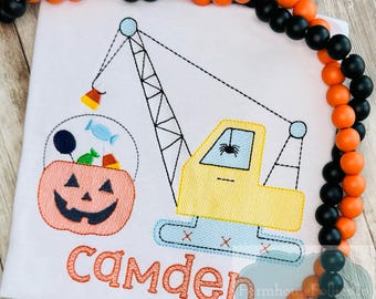Boys Halloween Shirt, Excavator Shirt, Candy Bucket, Jack O Lantern, Halloween Outfit for Toddler, Tractor Pulling Pumpkin, First Halloween