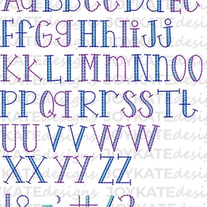 May include: A complete alphabet and punctuation set in a decorative font. The letters are outlined in blue with a textured, stitched appearance and filled with a lighter blue pattern. The punctuation marks are also included.
