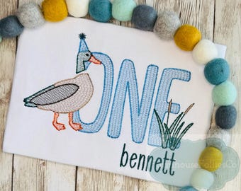 Boys 1st Birthday Shirt, One Lucky Duck, Duck First Birthday, Mallard Birthday, Hunting Birthday, Embroidered Shirt, Applique Shirt