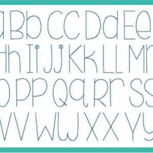 May include: A blue alphabet font with uppercase letters in a simple, hand-drawn style. The letters are outlined in blue and are set against a white background.