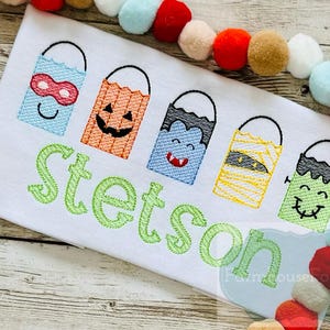 Boys Halloween Shirt, Candy Shirt, Jack O Lantern, Treat Bag, Halloween Monogram, Halloween Trio, Halloween Embroidery, Custom Shirt image 1