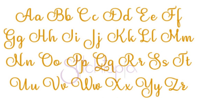May include: A set of uppercase letters in a cursive font, written in gold. The letters are arranged in alphabetical order, with each letter appearing twice.