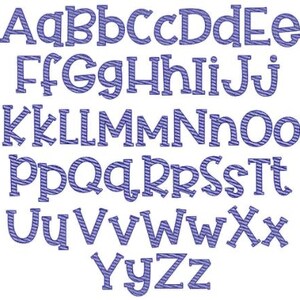 May include: A blue alphabet with a striped pattern. The letters are in uppercase and are in a simple, rounded font.