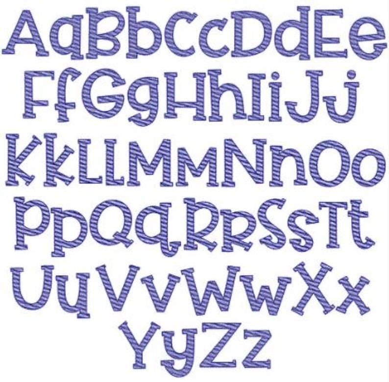 May include: A blue alphabet with a striped pattern. The letters are in uppercase and are in a simple, rounded font.